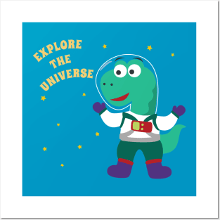 Funny dinosaur in space. Dinosaur in outer space. Posters and Art